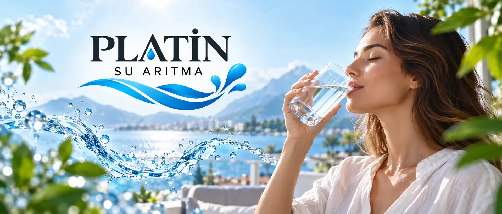 Platin Su Arıtma: bardaktan arıtılmış su içen kadın, deniz ve dağ manzarası
